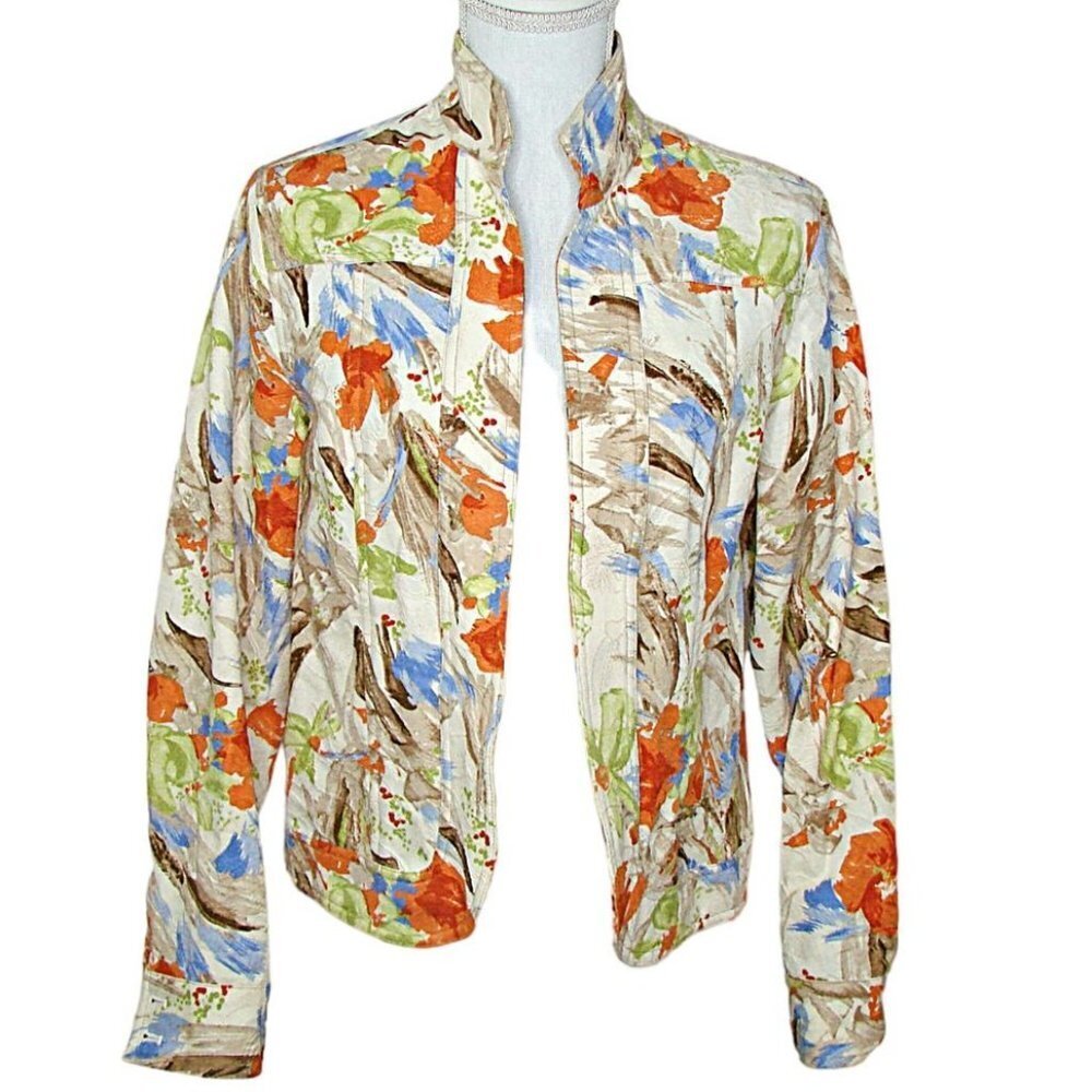 Coldwater Creek Blazer Jacket Floral Open Front Textured Vintage Bright Size 6